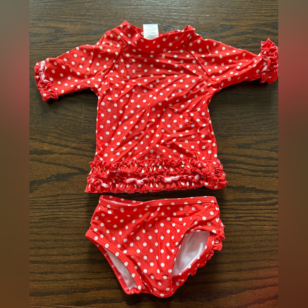 Ruffle Butts Red Polka Dot Ruffled Rash Guard Bikini Bathing Suit Size 6-12m